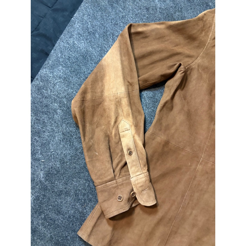 Womens Brown Suede Leather Button Front Shirt Jacket Long Sleeve Size M - Picture 14 of 16